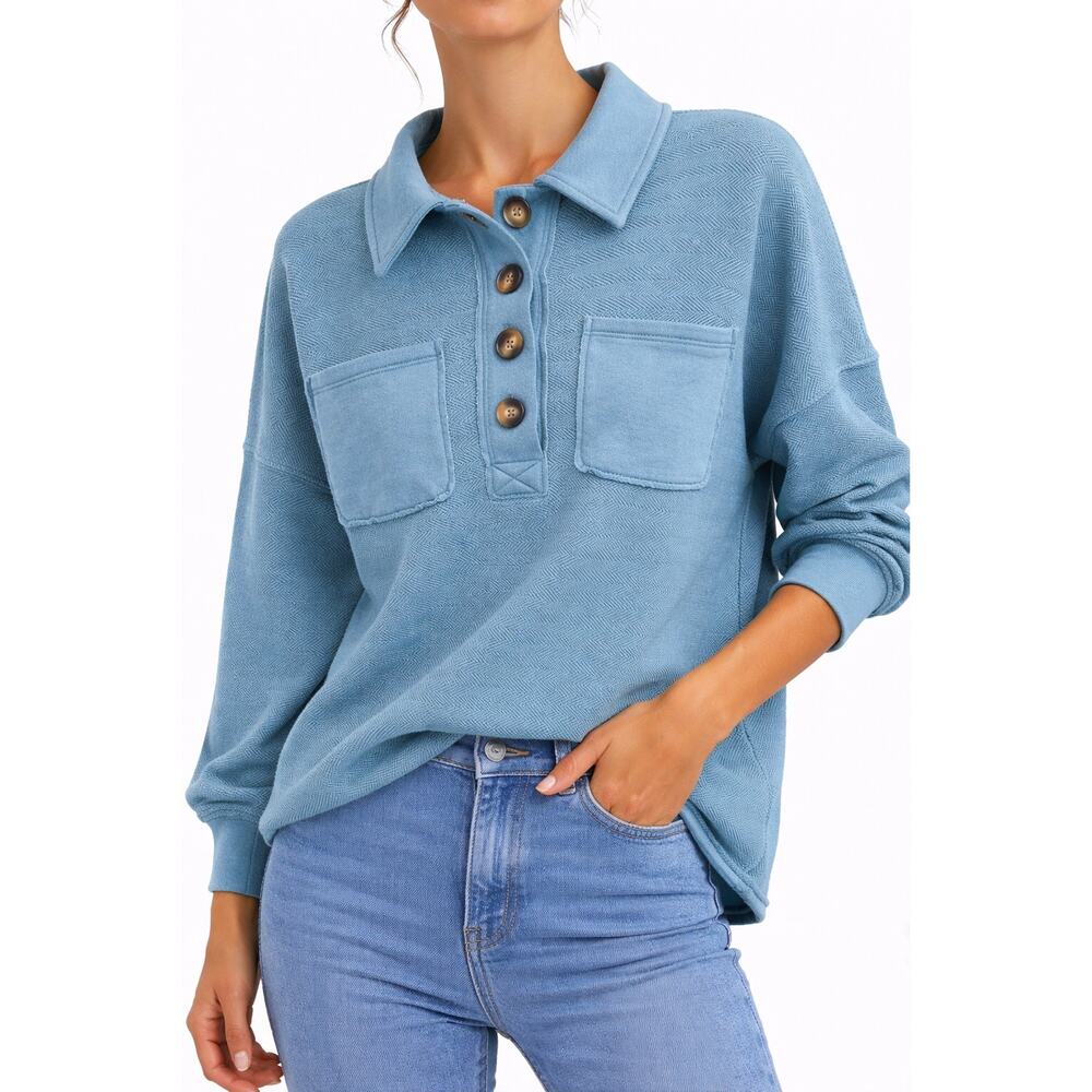 AMERICAN EAGLE Blue Oversized Collared Henley Sweatshirt Shacket | Medium